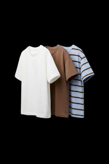 PACK TRES CAMISETAS RAYAS Y LISAS - Marrón-Azul de Zara - Imagen 0