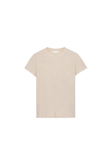 LINEN BLEND SHORT SLEEVE T-SHIRT - Sand by Zara