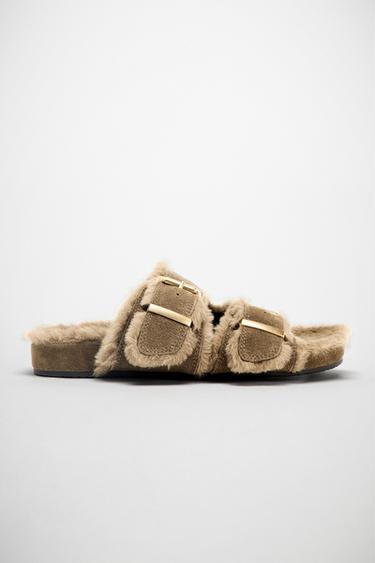 BUCKLED FLAT SHEEPSKIN SANDALS - Taupe Grey by Zara