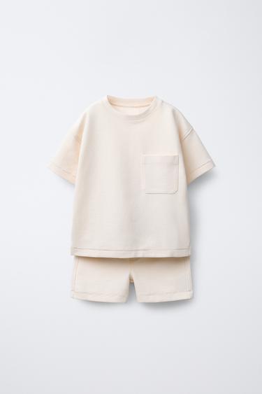 TEXTURED T-SHIRT AND BERMUDA SHORTS JOGGING SET - Ecru by Zara