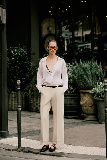 შარვალი გადაკეცილი ბოლო ქამრით - Zara-ს Mid-ecru