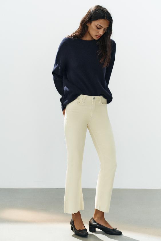 Zara TRF 高腰九分喇叭燈芯絨牛仔褲 - 裸色 - 圖片 0
