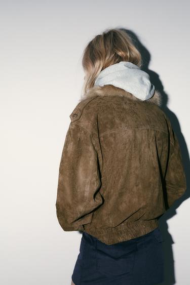BLOUSON EN CUIR 100% DAIM AVEC EFFET FOURRURE - Kaki de Zara - Image 5