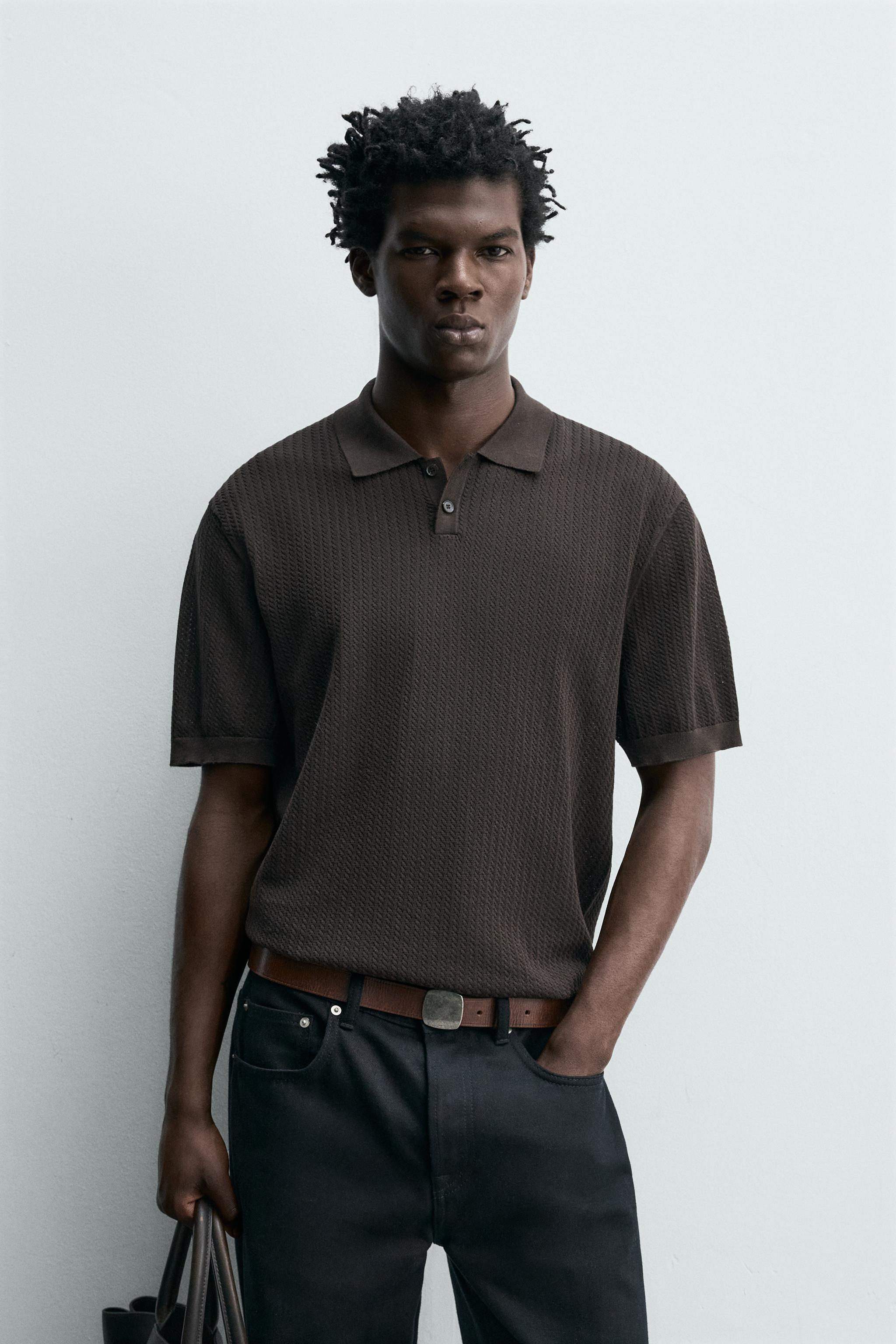 レギュラーフィット テクスチャーニットポロシャツ - ブラウン | ZARA 