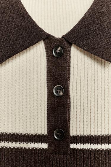 RIB KNIT POLO TOP - Brown / Ecru by Zara