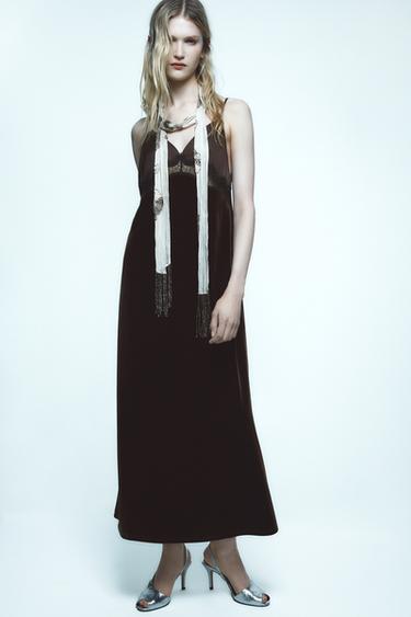 VELVET CONTRAST MIDI DRESS - Chocolate by Zara - Image 0