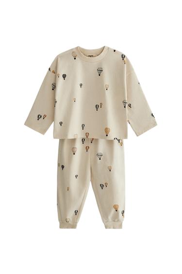 CONJUNTO PIJAMA INFANTIL ALGODÃO COM BALÕES - Creme da Zara