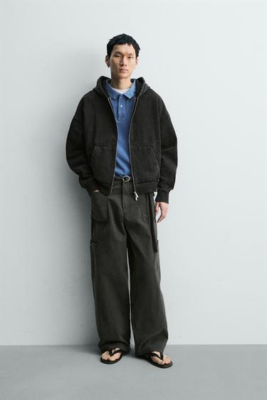 WASHED ZIP-UP HOODIE - Dark grey by Zara