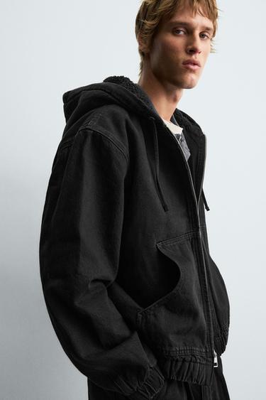 DENIM JACKET WITH FAUX SHEARLING HOODIE - Charcoal by Zara - Image 4