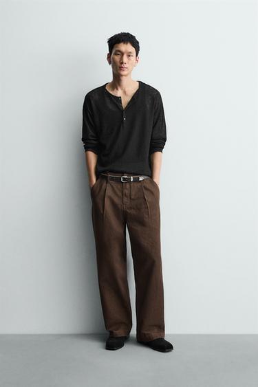 Zara 寬管褶飾牛仔褲 - 棕色