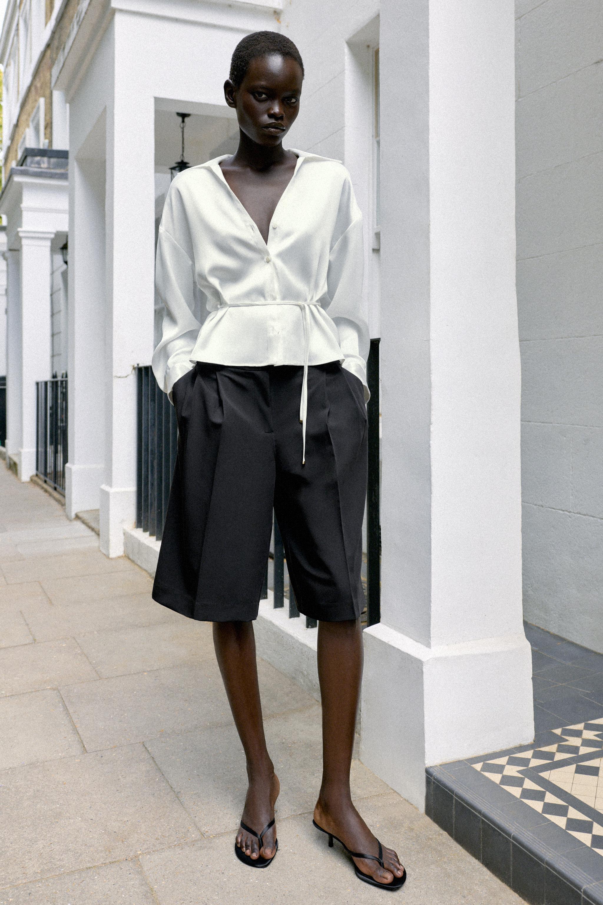 SATIN SHIRT WITH THIN BELT — White
