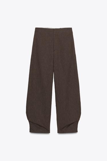 Zara ZW COLLECTION STRIPED LINEN BLEND BALLOON PANTS - Brown / Ecru