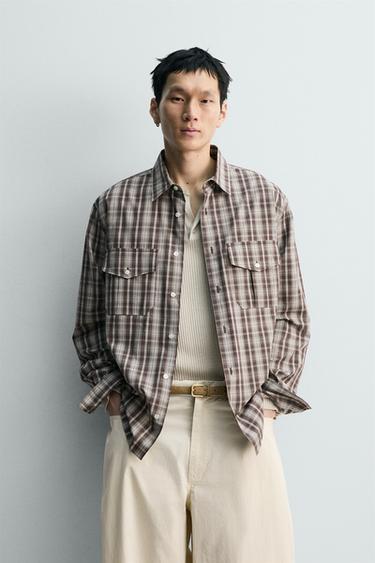 CROPPED FIT CHECK SHIRT - Brown / Ecru by Zara
