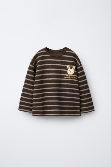 Zara SOFT TOUCH STRIPED T-SHIRT WITH TERRY BUNNY PATCH - Dark brown - Image 0