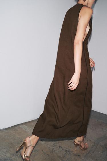 ROBE MI-LONGUE MÉLANGE LIN ZW COLLECTION - Chocolat de Zara - Image 2