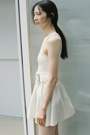 Zara 斜紋布撞色腰帶洋裝 - 裸色