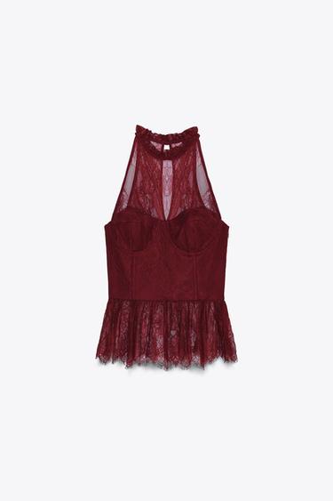 Zara LACE HALTER TOP - Burgundy - Image 0