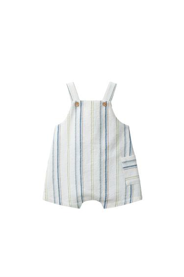 Front view of raw short overalls with blue and green vertical stripes, buttoned straps, and a side patch pocket.