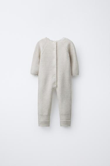 Zara EMBROIDERED FLORAL KNIT JUMPSUIT - Light beige