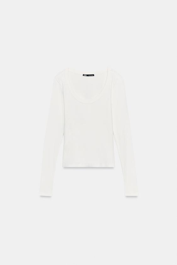 CAMISETA ESCOTE REDONDO - Blanco roto de Zara - Imagen 0