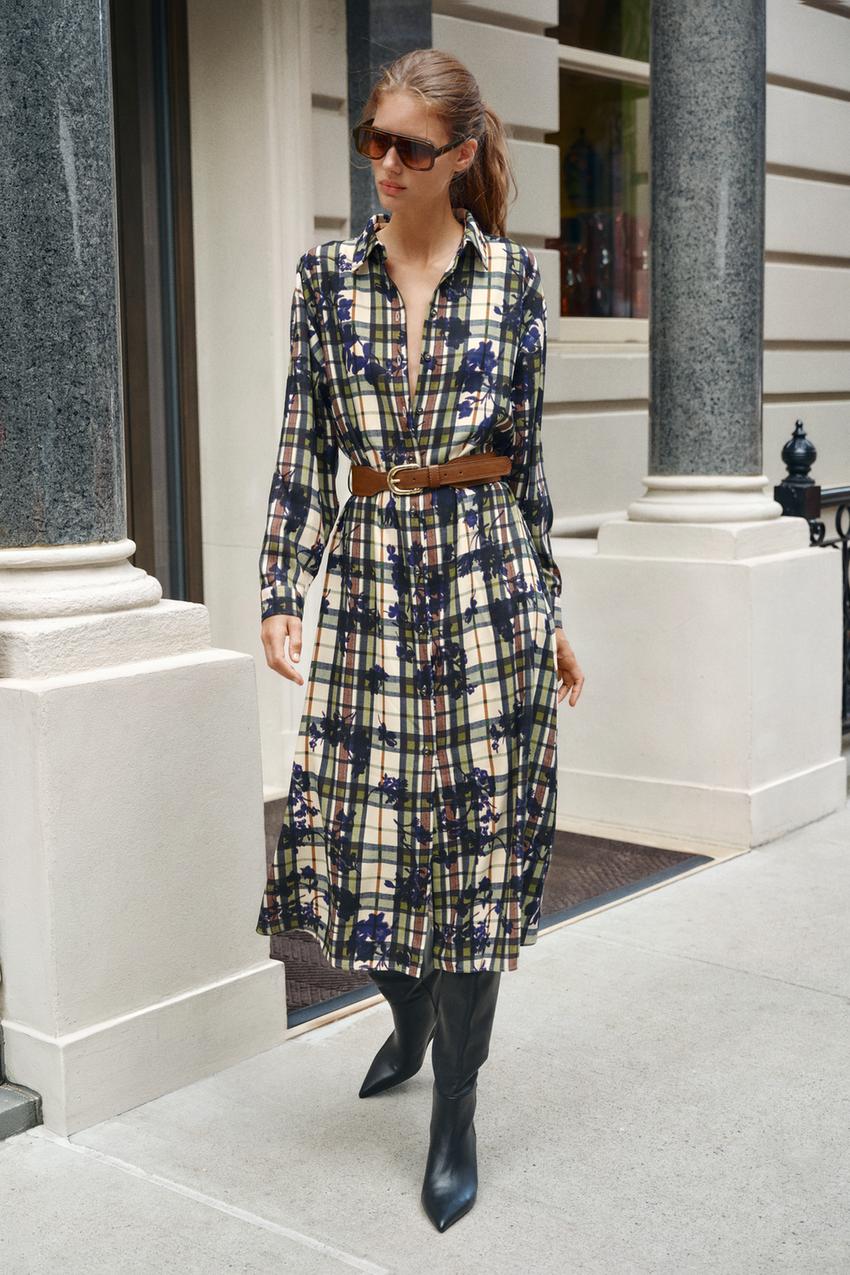 zara shirt dress brown PRINTED MIDI WITH BELT - Multicolored brown riding boots | tea_length_dress Sheen:Satin Dress with main fabric