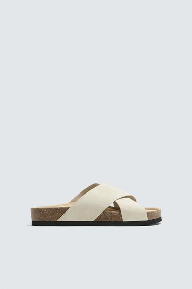 Zara CROSSED LEATHER SANDALS - Off White