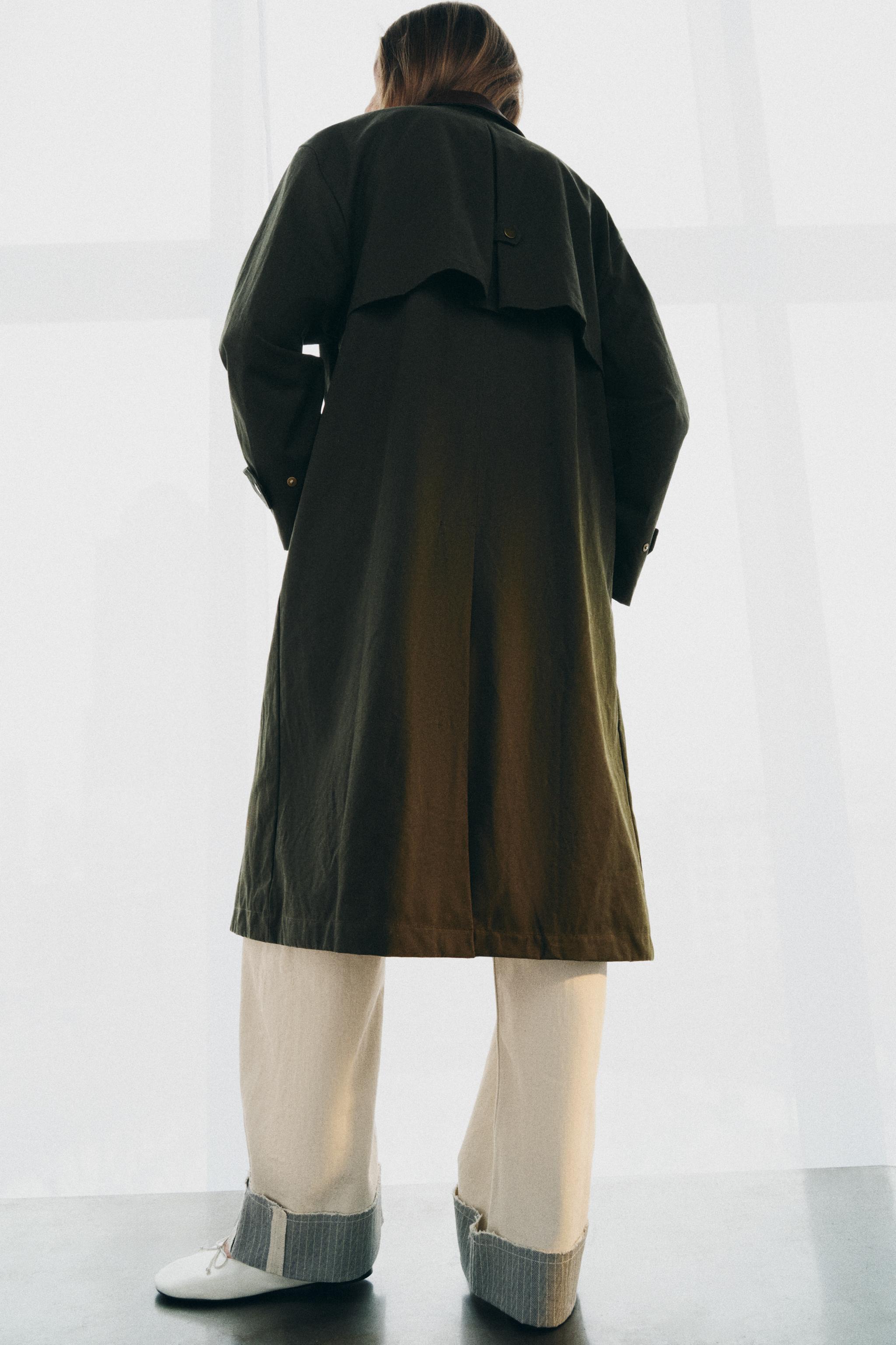 CONTRAST FAUX LEATHER COLLAR TRENCH COAT ZW COLLECTION