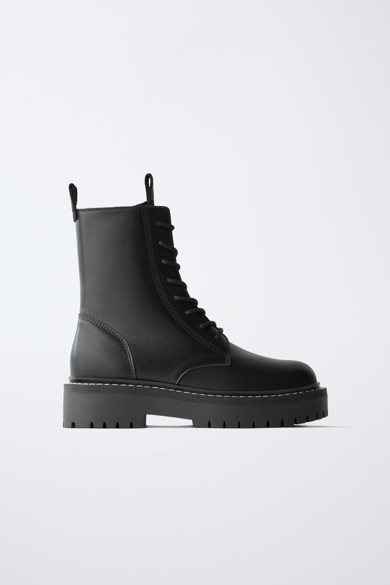 LEATHER LACE-UP ANKLE BOOTS — Black