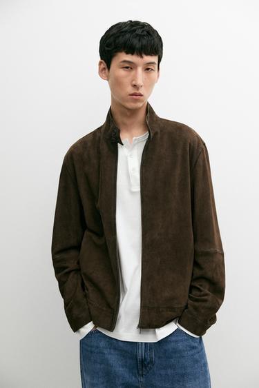 SUEDE STAND COLLAR BOMBER JACKET WITH ZIP — Chocolate 2