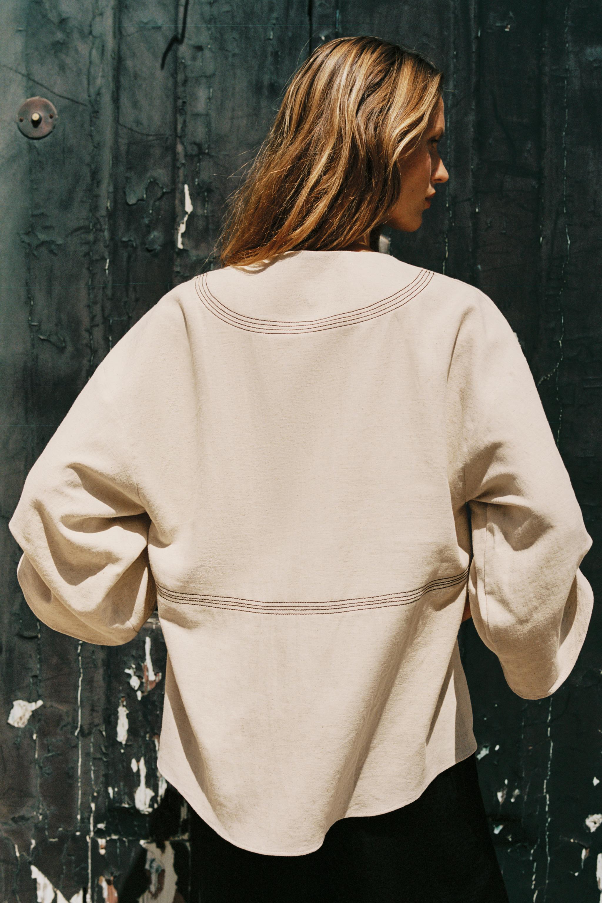 Женские рубашки Zara CONTRAST STITCH LINEN OVERSIZED SHIRT — фото 4