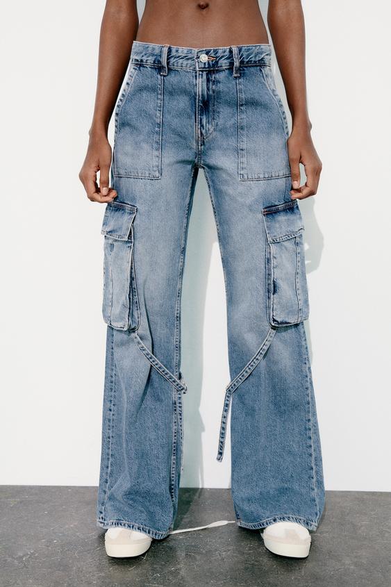 Plus High Waist Flap Pocket Side Strap Detail Cargo Jeans