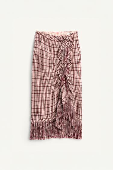 Zara LIMITED EDITION FRINGED STRUCTURED SKIRT - Dark pink