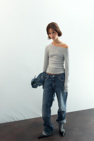 RIBBED BOAT NECK T-SHIRT - Grey marl by Zara - Image 0