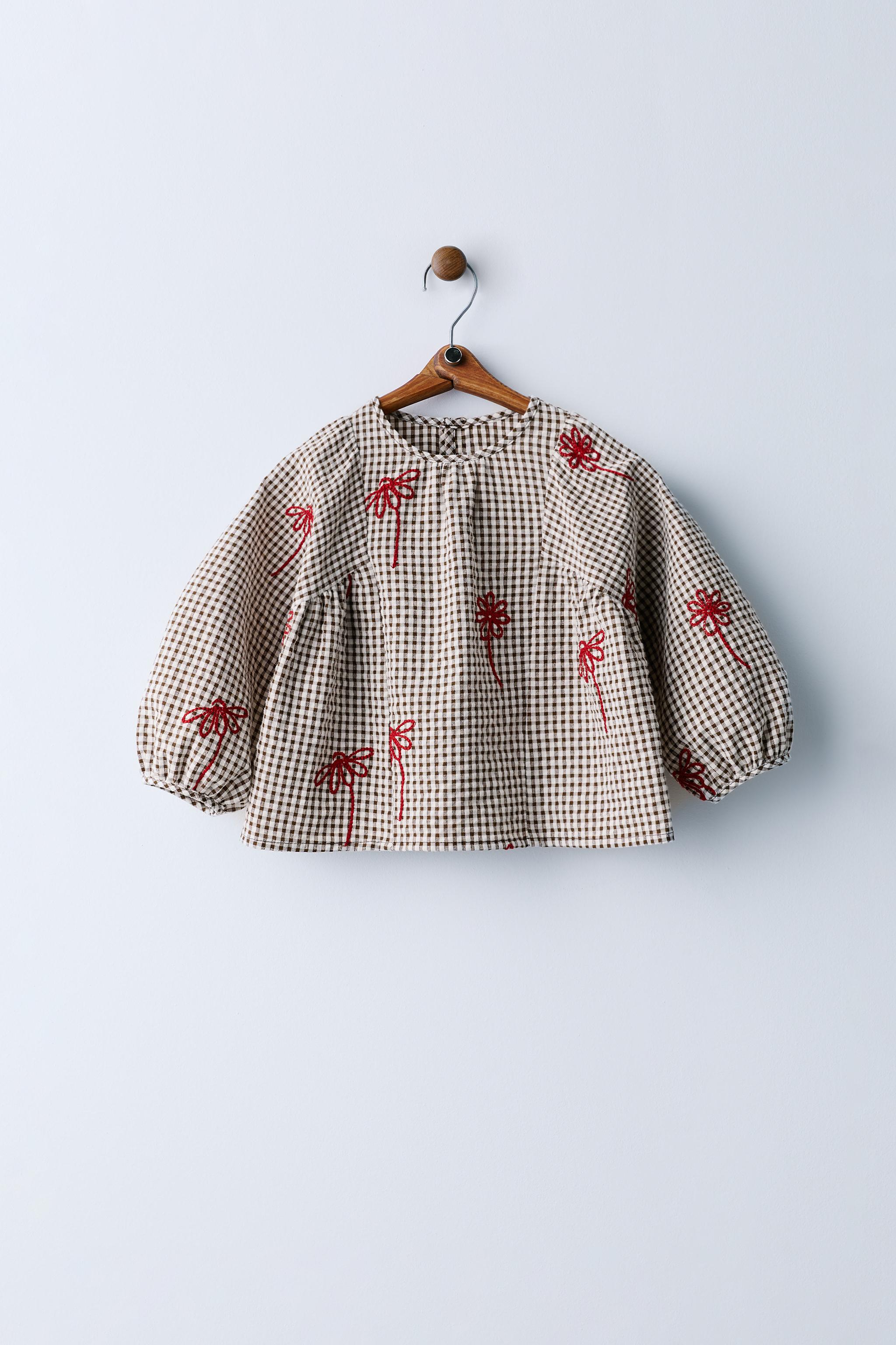 PLAID SHIRT WITH EMBROIDERED FLOWERS — Chocolate