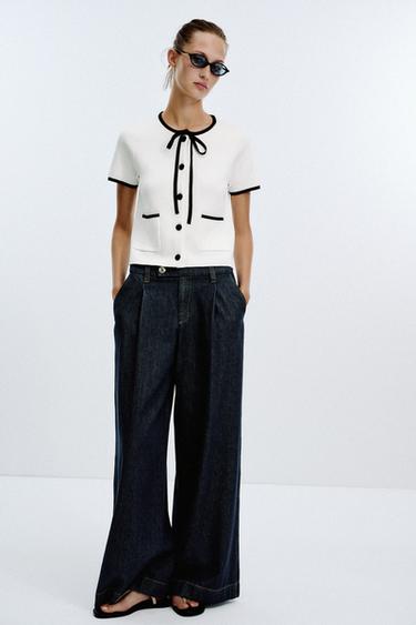Zara CONTRAST TRIM CARDIGAN - White