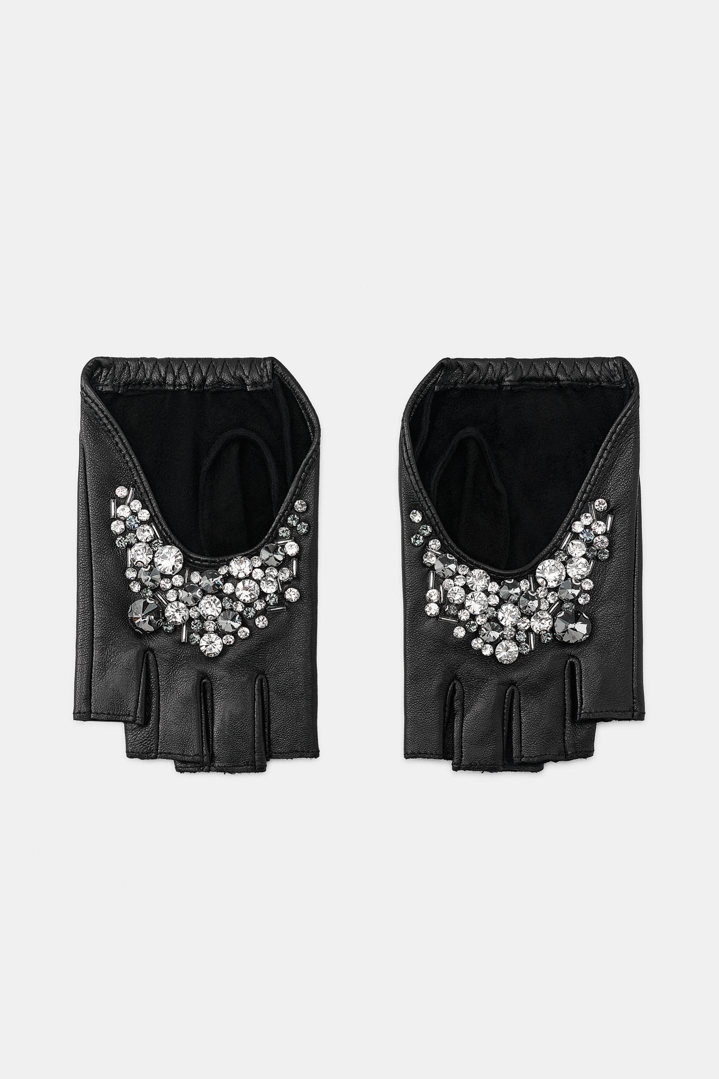 Женские перчатки Zara 100% Leather Short Mittens with Gems, цвет: Чёрный