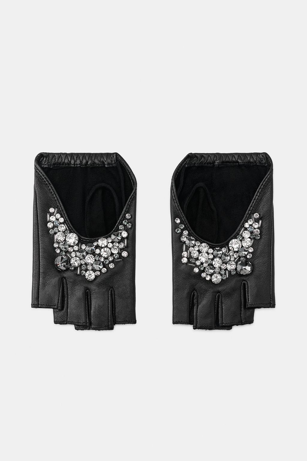100% LEATHER SHORT MITTENS WITH RHINESTONES