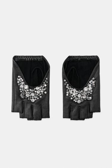100% LEATHER SHORT MITTENS WITH RHINESTONES — Black 1