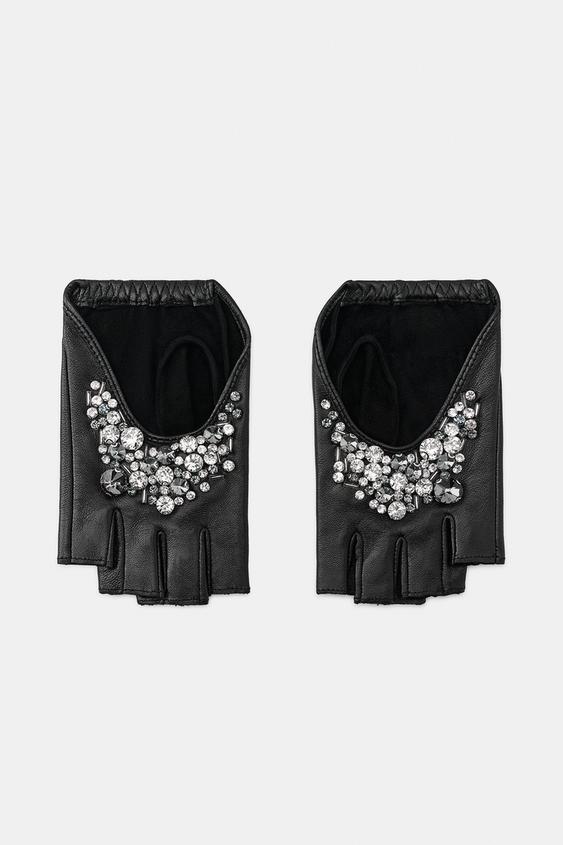 100% LEATHER SHORT MITTENS WITH RHINESTONES - Black by Zara - Image 0