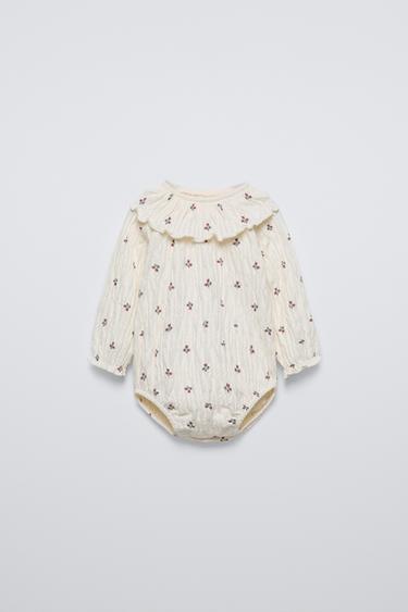 Zara TEXTURED FLORAL BODYSUIT - Light ecru