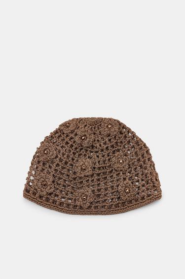 GORRO CASQUETE CROCHET FLORES ABALORIOS - Tostado oscuro de Zara