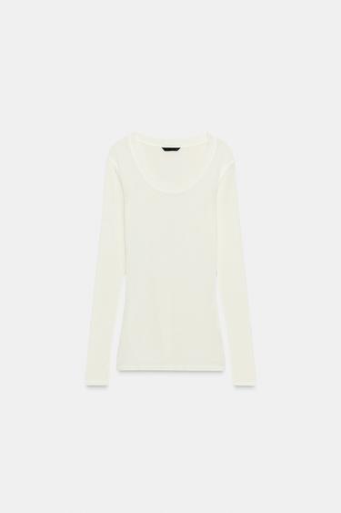 T-SHIRT À MANCHES LONGUES - Blanc cassé de Zara