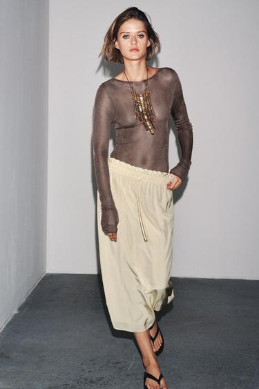 JUPE MIDI CORDONS ZW COLLECTION - Beige clair de Zara