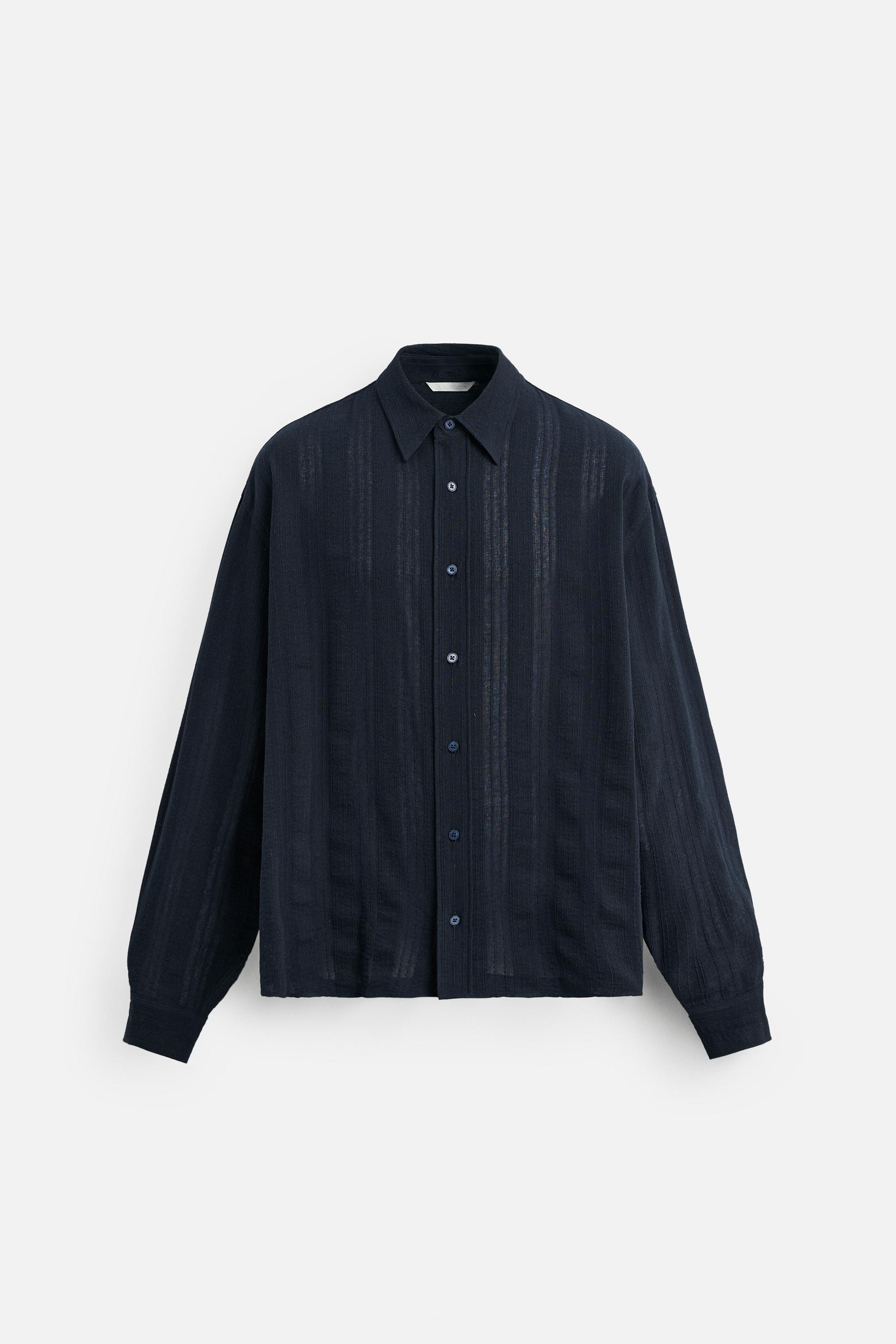 【ZARA】ストライプ テクスチャー シャツ ストライプ柄パイルテクスチャーシャツ - エクリュ/ネイビー