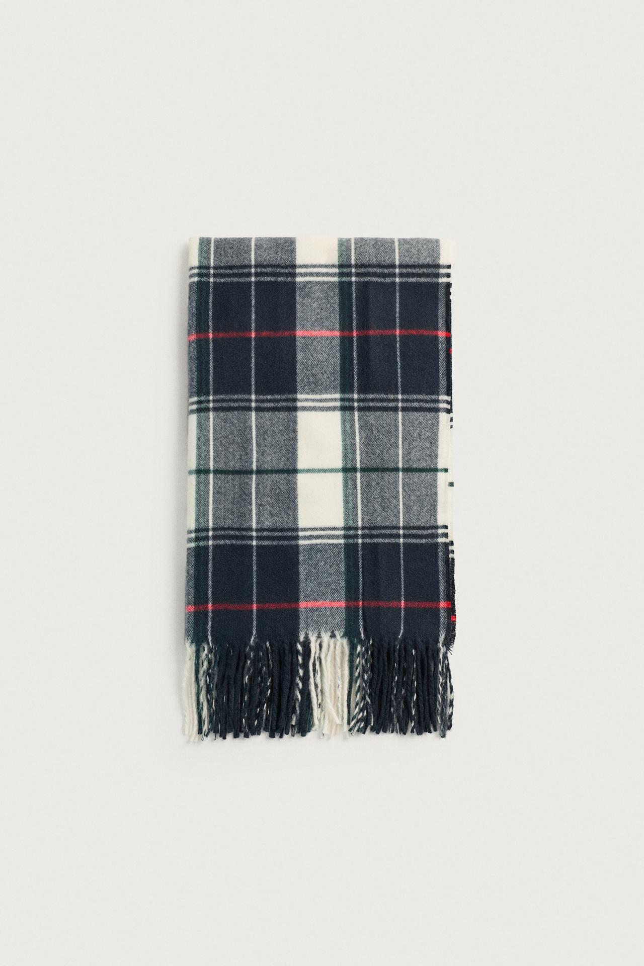 PLAID COLOR-BLOCK SCARF — Ecru / Navy