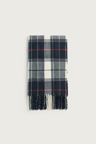 PLAID COLOR-BLOCK SCARF — Ecru / Navy 1