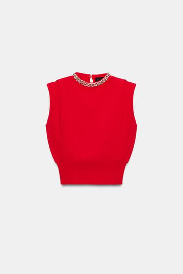 توب بكتافيات وياقة مرصعة - أحمر by Zara