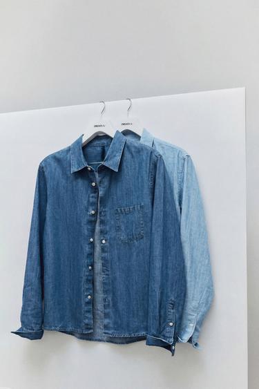 РУБАШКА REGULAR FIT ИЗ ШАМБРИ — ГОЛУБОЙ от Zara