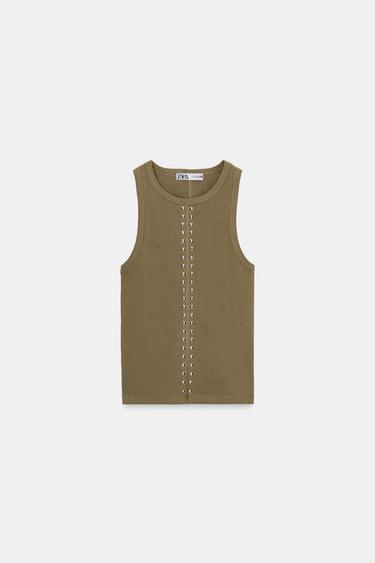 Zara RIB STUDDED T-SHIRT - Khaki