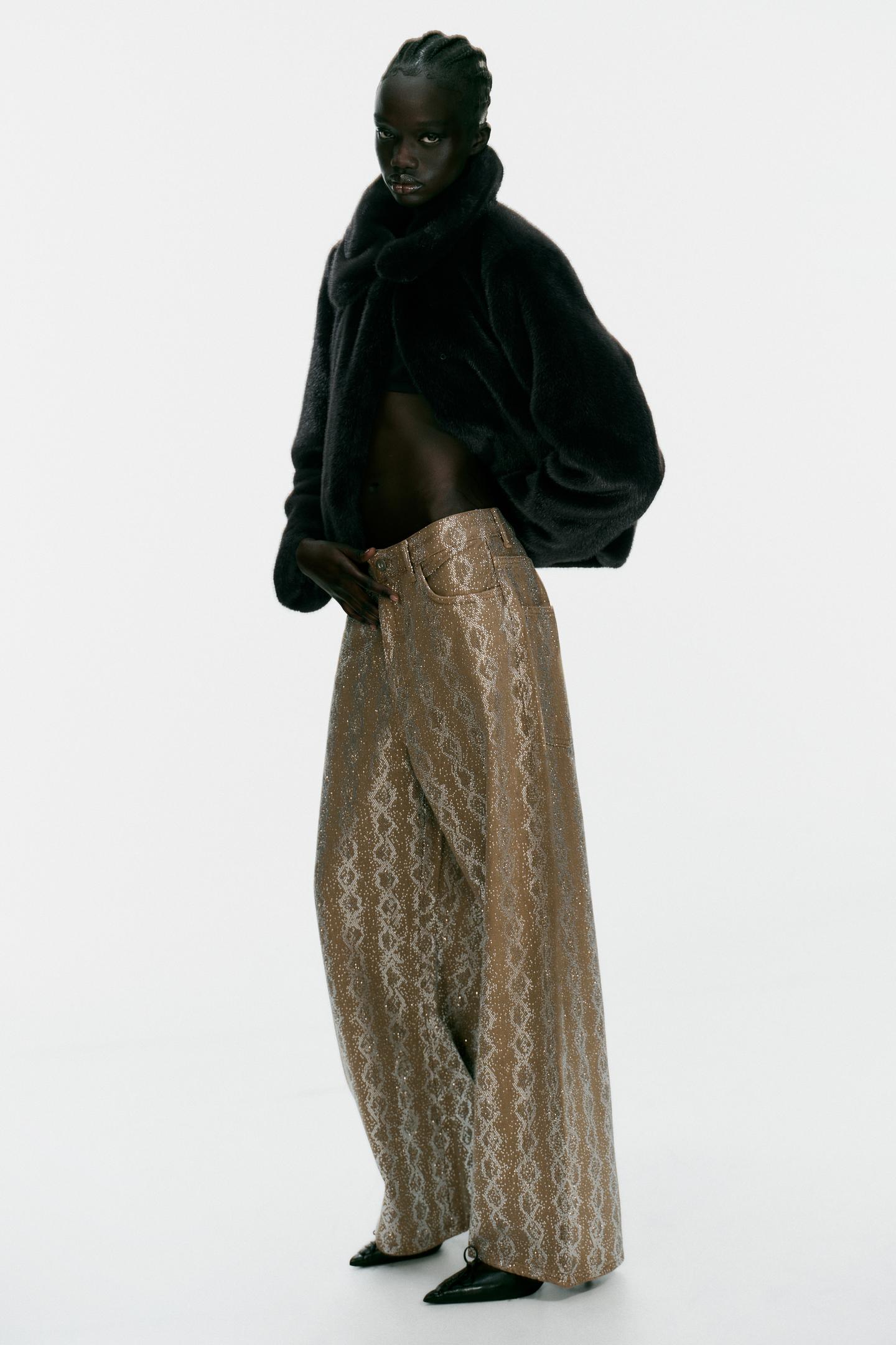 Женские джинсы Zara Mid-Rise Animal Print Sparkle Baggy Trf, цвет: Светлый хаки — фото 5